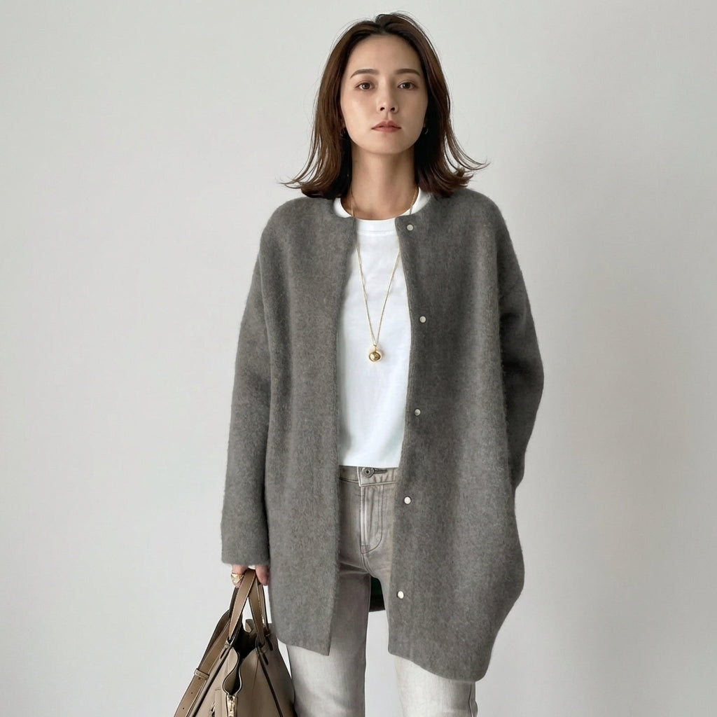 Oversized Button-Front Cardigan with Ribbed Cuffs and Open Collarless Neckline