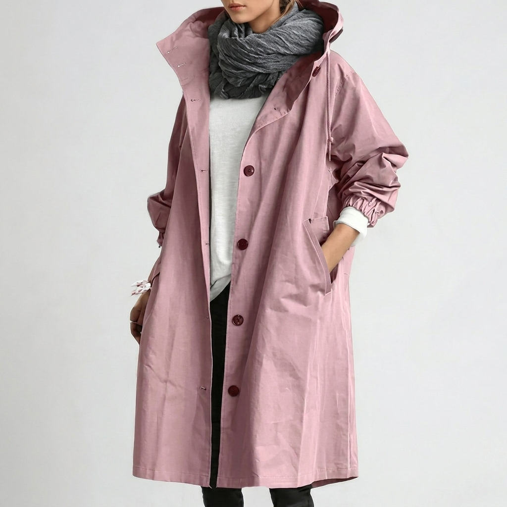 Waterproof Hooded Raincoat for Women with Button Front and Long Length