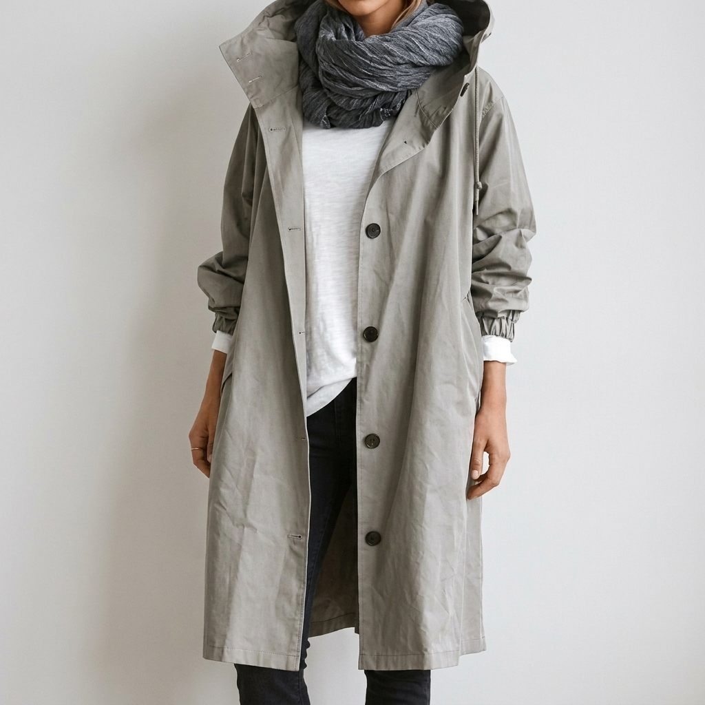 Waterproof Hooded Raincoat for Women with Button Front and Long Length