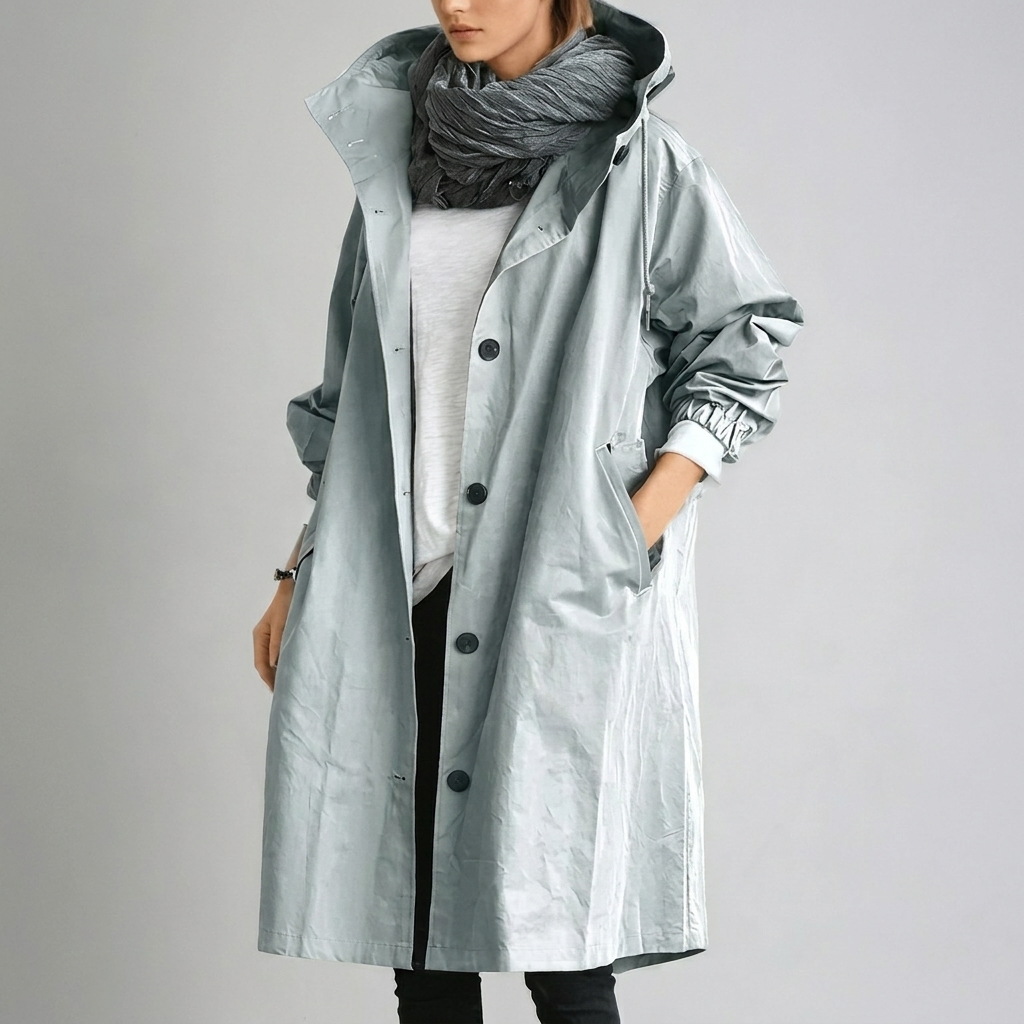 Waterproof Hooded Raincoat for Women with Button Front and Long Length