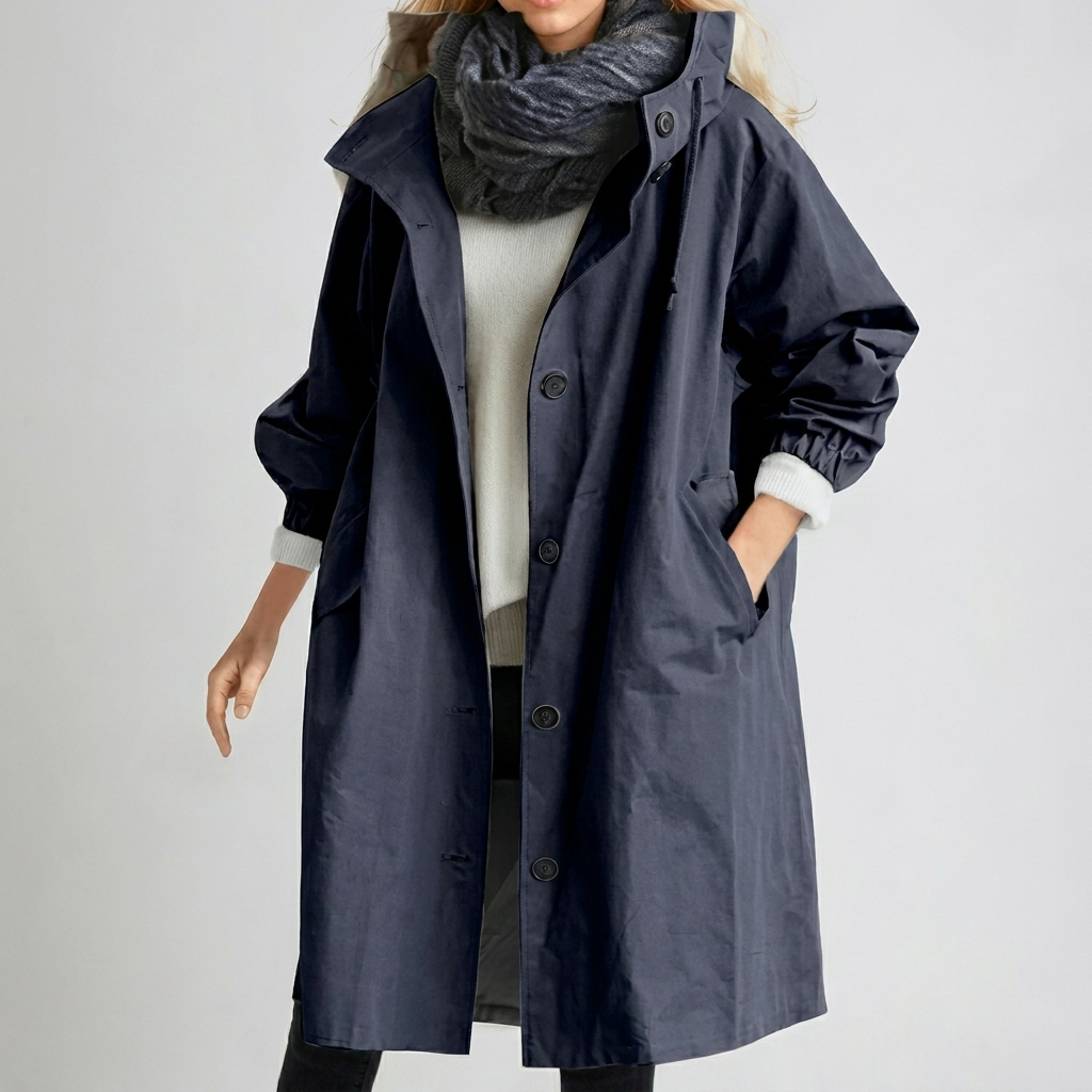 Waterproof Hooded Raincoat for Women with Button Front and Long Length