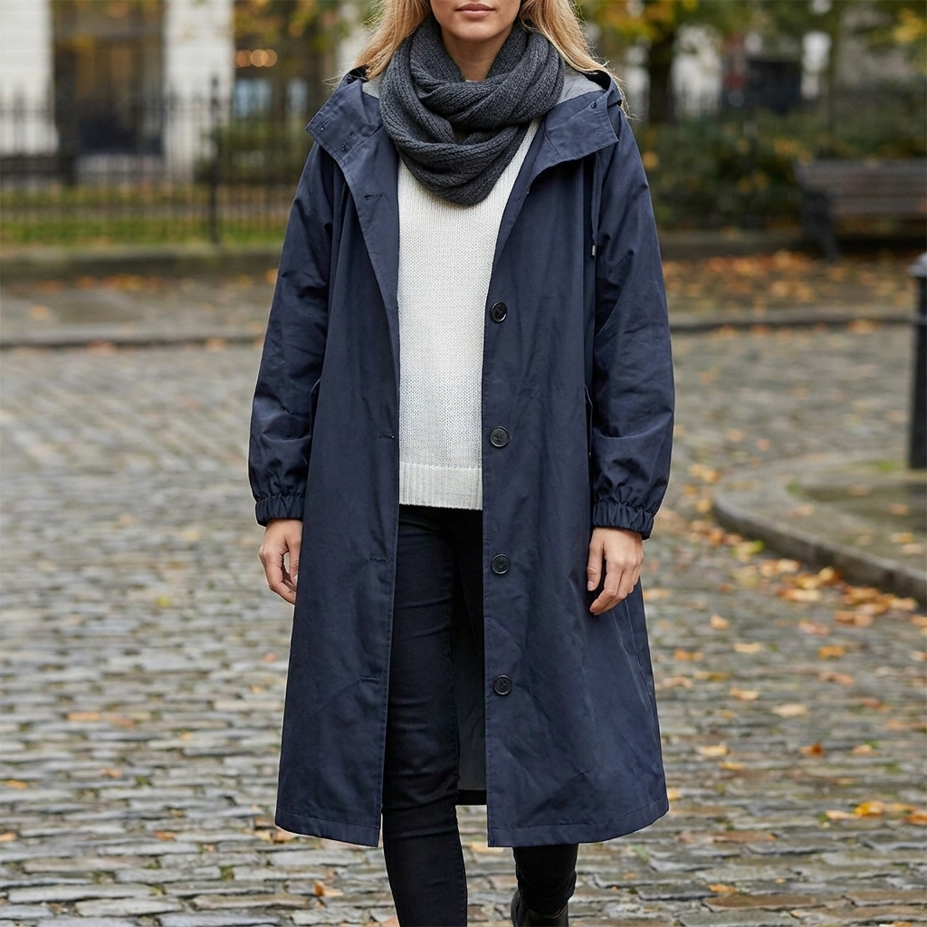 Waterproof Hooded Raincoat for Women with Button Front and Long Length