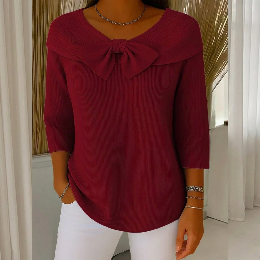 Ribbed Women's Sweater with Bow Detail and Three-Quarter Sleeves