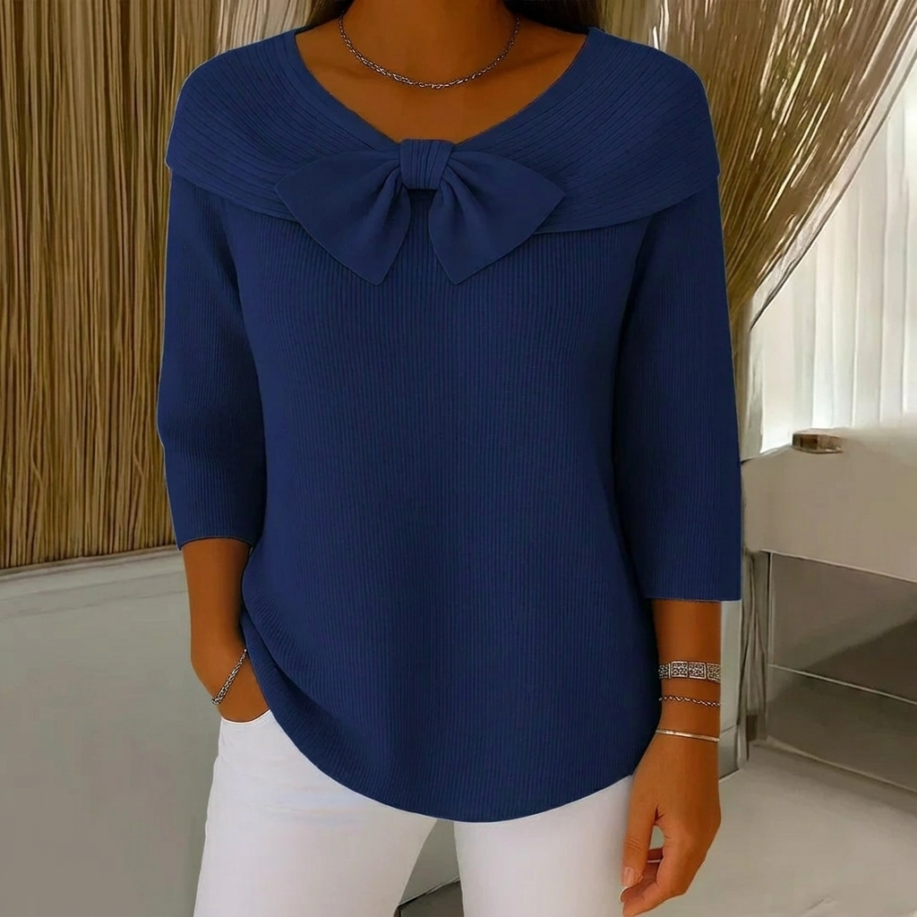 Ribbed Women's Sweater with Bow Detail and Three-Quarter Sleeves