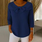 Ribbed Women's Sweater with Bow Detail and Three-Quarter Sleeves