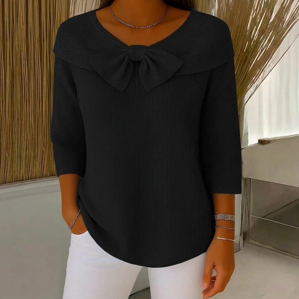 Ribbed Women's Sweater with Bow Detail and Three-Quarter Sleeves