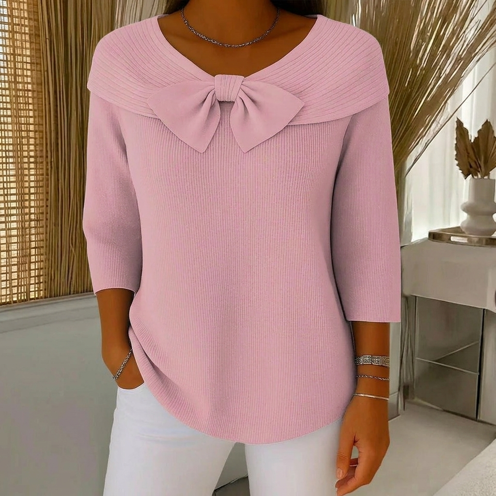 Ribbed Women's Sweater with Bow Detail and Three-Quarter Sleeves