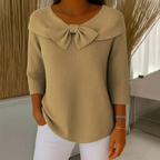 Ribbed Women's Sweater with Bow Detail and Three-Quarter Sleeves