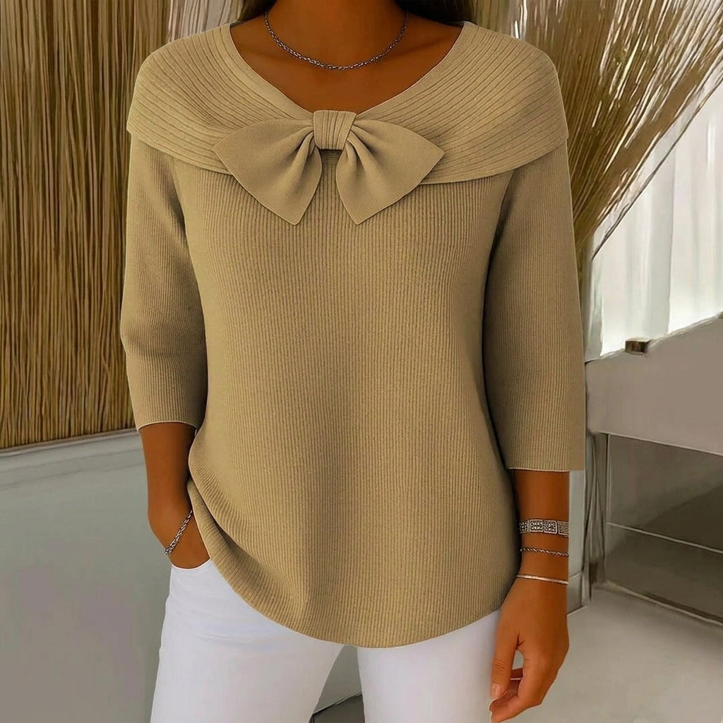 Ribbed Women's Sweater with Bow Detail and Three-Quarter Sleeves