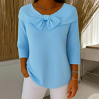 Ribbed Women's Sweater with Bow Detail and Three-Quarter Sleeves