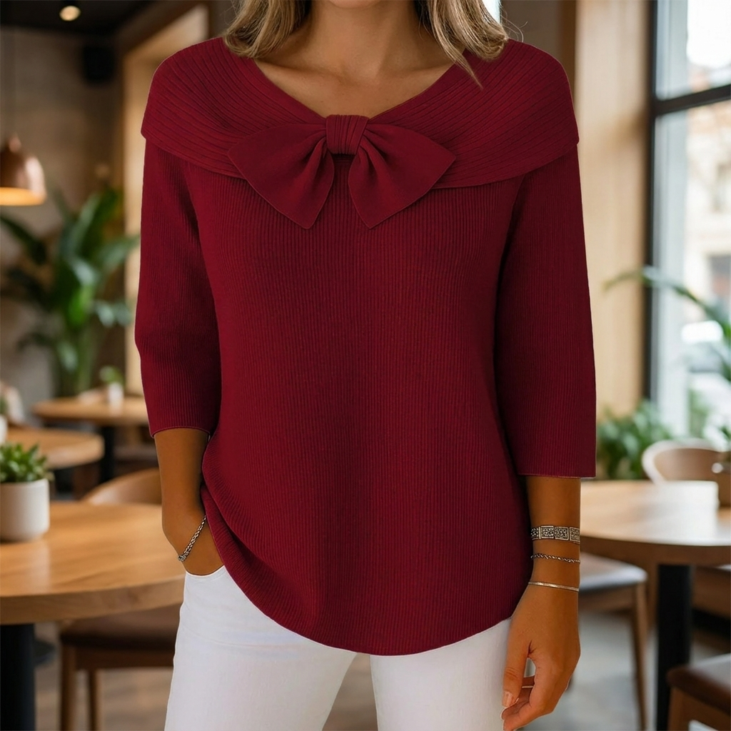 Ribbed Women's Sweater with Bow Detail and Three-Quarter Sleeves