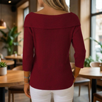 Ribbed Women's Sweater with Bow Detail and Three-Quarter Sleeves