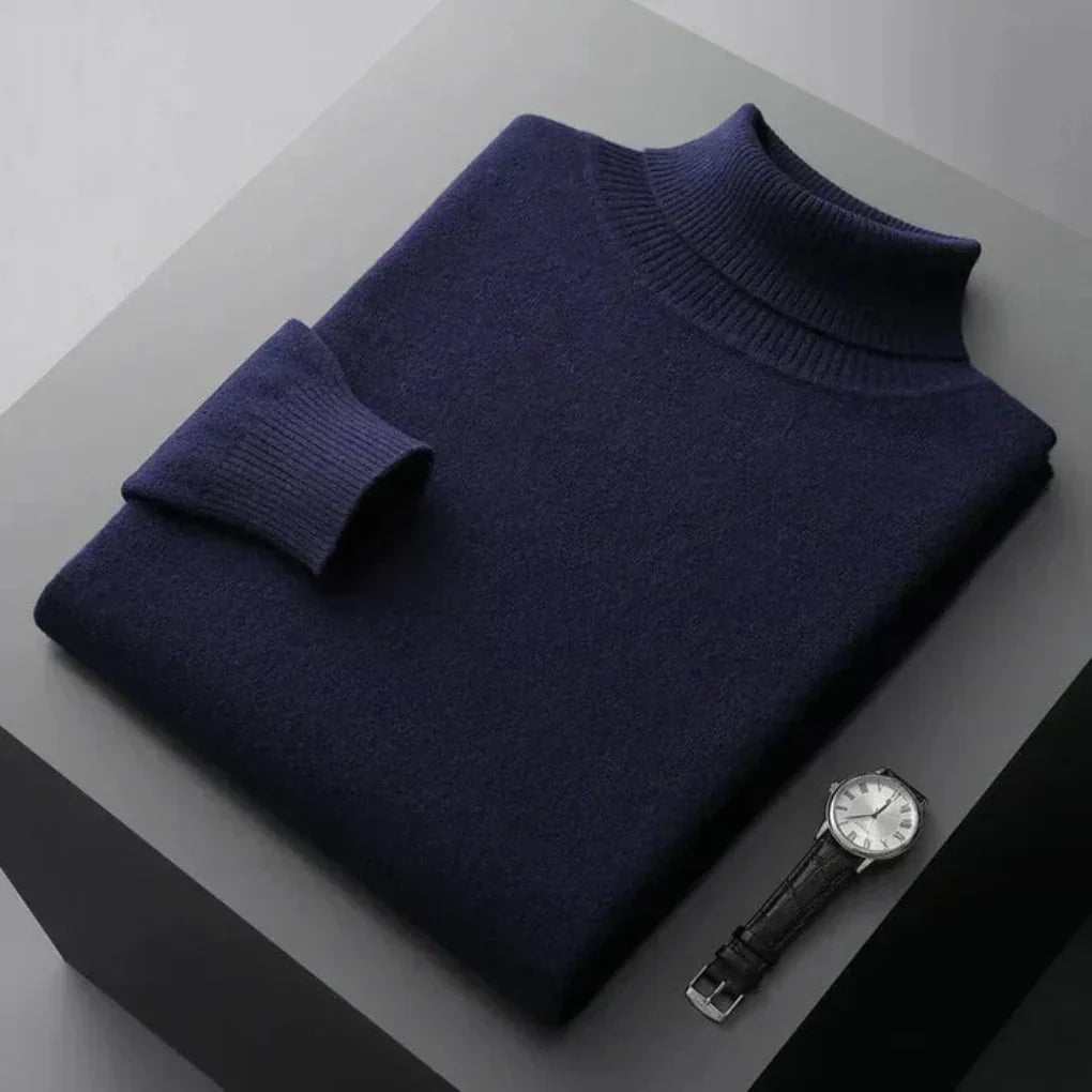 Men's Relaxed Fit Turtleneck Sweater with Fold-Over Collar and Long Sleeves