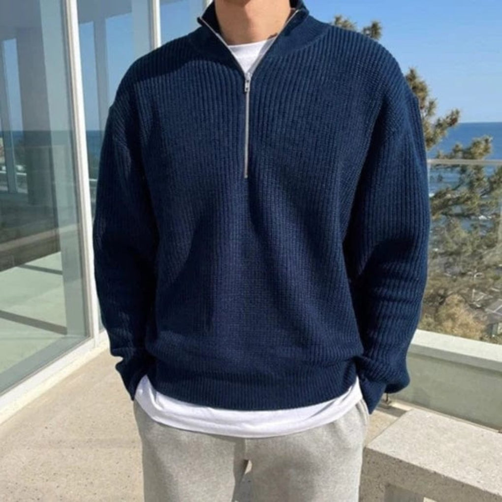 Men's Ribbed Half-Zip Pullover Sweater with Stand Collar for Casual Layering