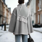 Shawl Collar Women's Coat with Button Front Contrast Stitching and Fringe Hem