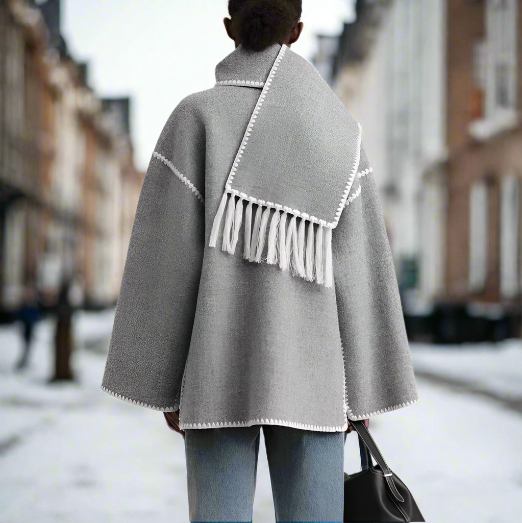 Women's Shawl Collar Coat with Front Button Closure Fringe Trim and Contrast Stitching