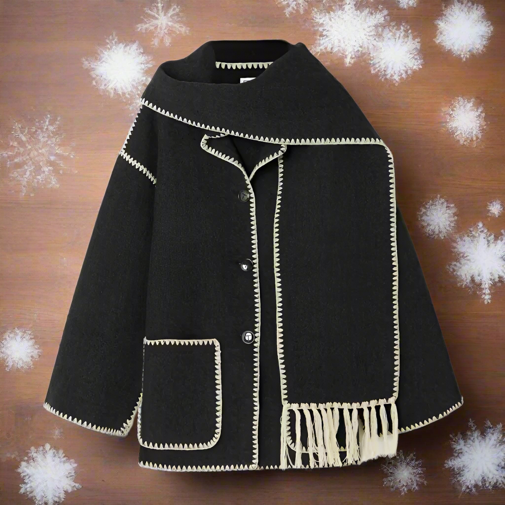 Women's Shawl Collar Coat with Front Button Closure Fringe Trim and Contrast Stitching