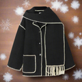 Women's Shawl Collar Coat with Front Button Closure Fringe Trim and Contrast Stitching