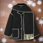 Women's Shawl Collar Coat with Front Button Closure Fringe Trim and Contrast Stitching