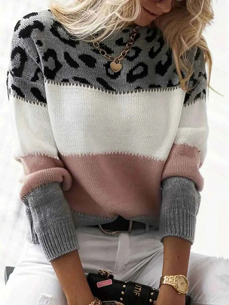 Leopard Print Color Block Women's Knit Sweater