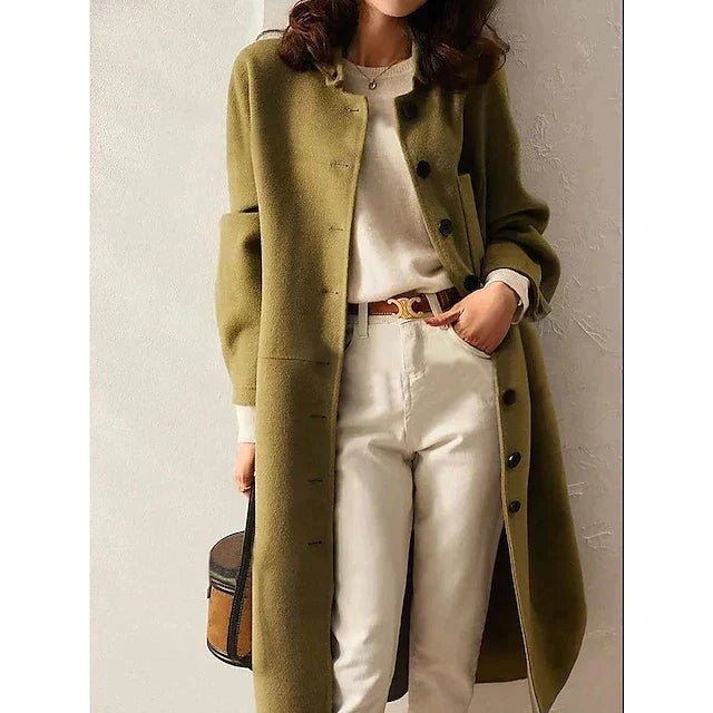 Women's Long Button-Front Jacket with Side Pockets and Relaxed Fit