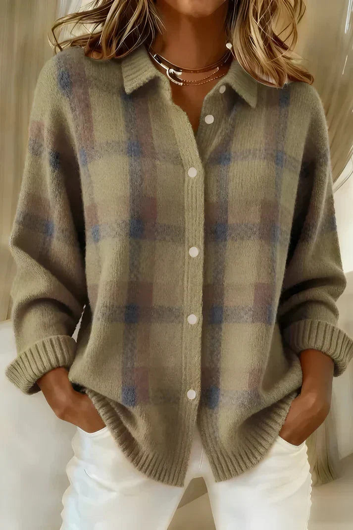 Women's Elegant Cozy Checkered Longline Cardigan