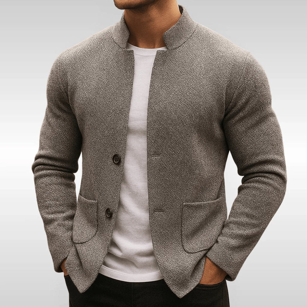 Men's Blazer with Mandarin Collar and Button-Front Closure and Patch Pockets