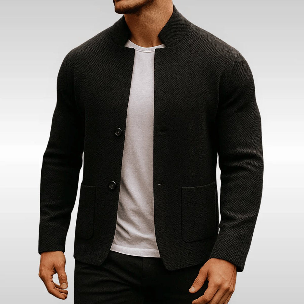 Men's Blazer with Mandarin Collar and Button-Front Closure and Patch Pockets