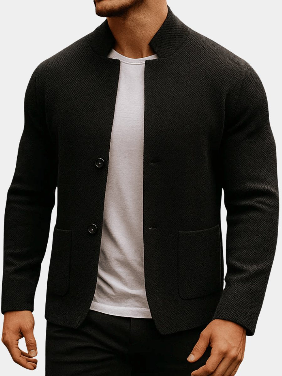 Men's Blazer with Mandarin Collar and Button-Front Closure and Patch Pockets