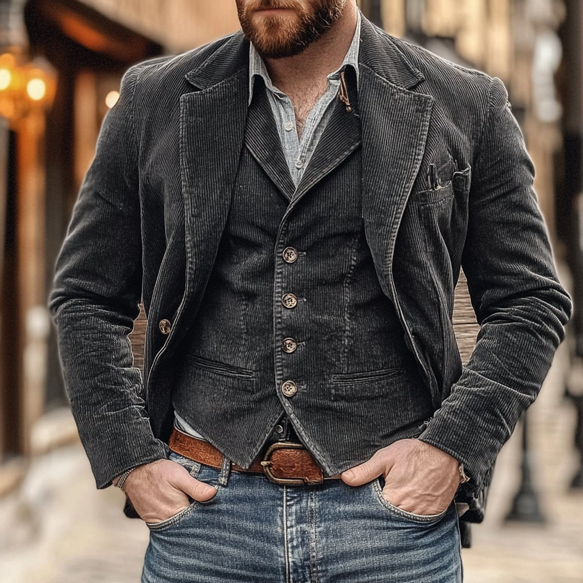 Men's Blazer with Notch Lapel and Button-Front Vest and Pocket Square