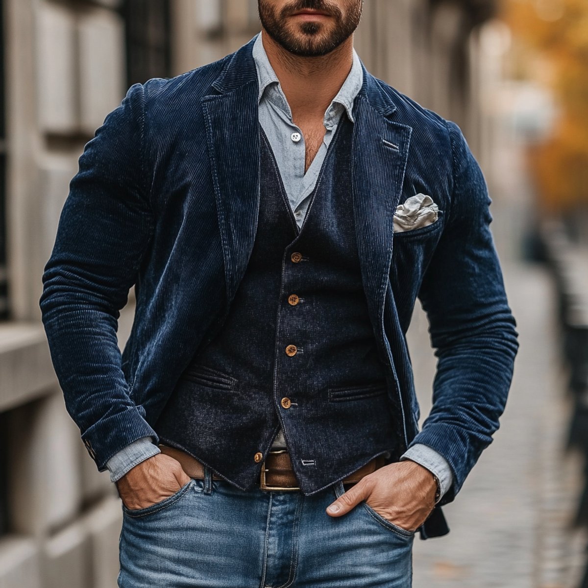 Men's Blazer with Notch Lapel and Button-Front Vest and Pocket Square