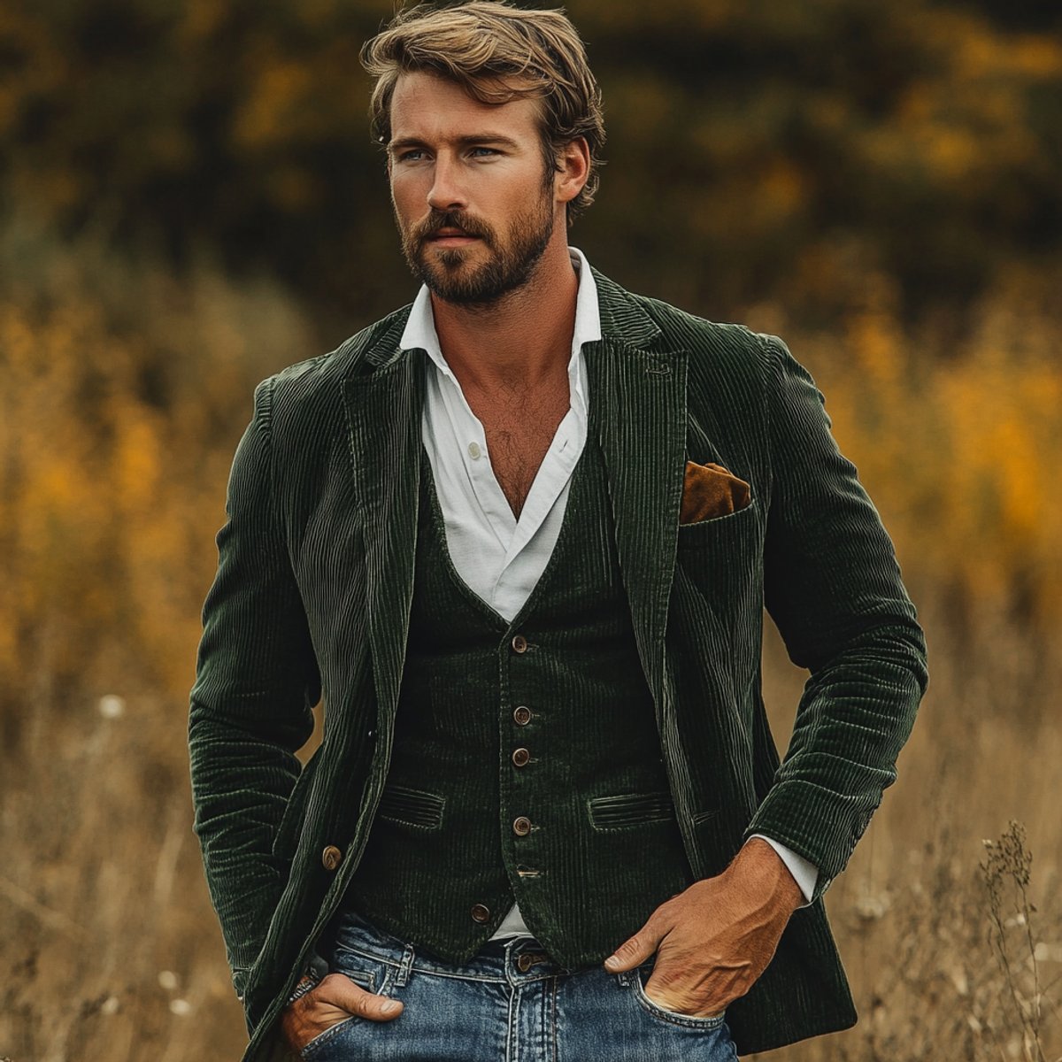 Men's Blazer with Notch Lapel and Button-Front Vest and Pocket Square