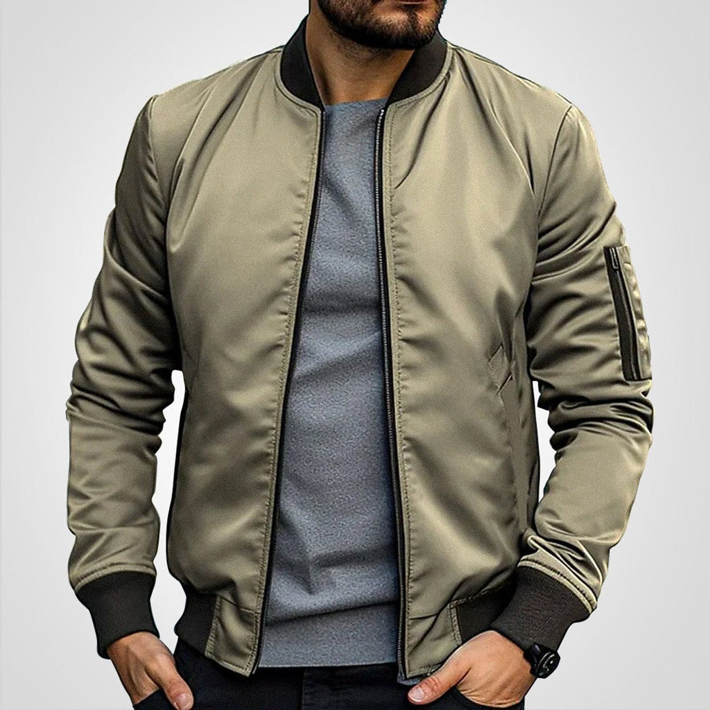 Men's Bomber Jacket with Zip-Up Closure, Ribbed Cuffs and Stand Collar