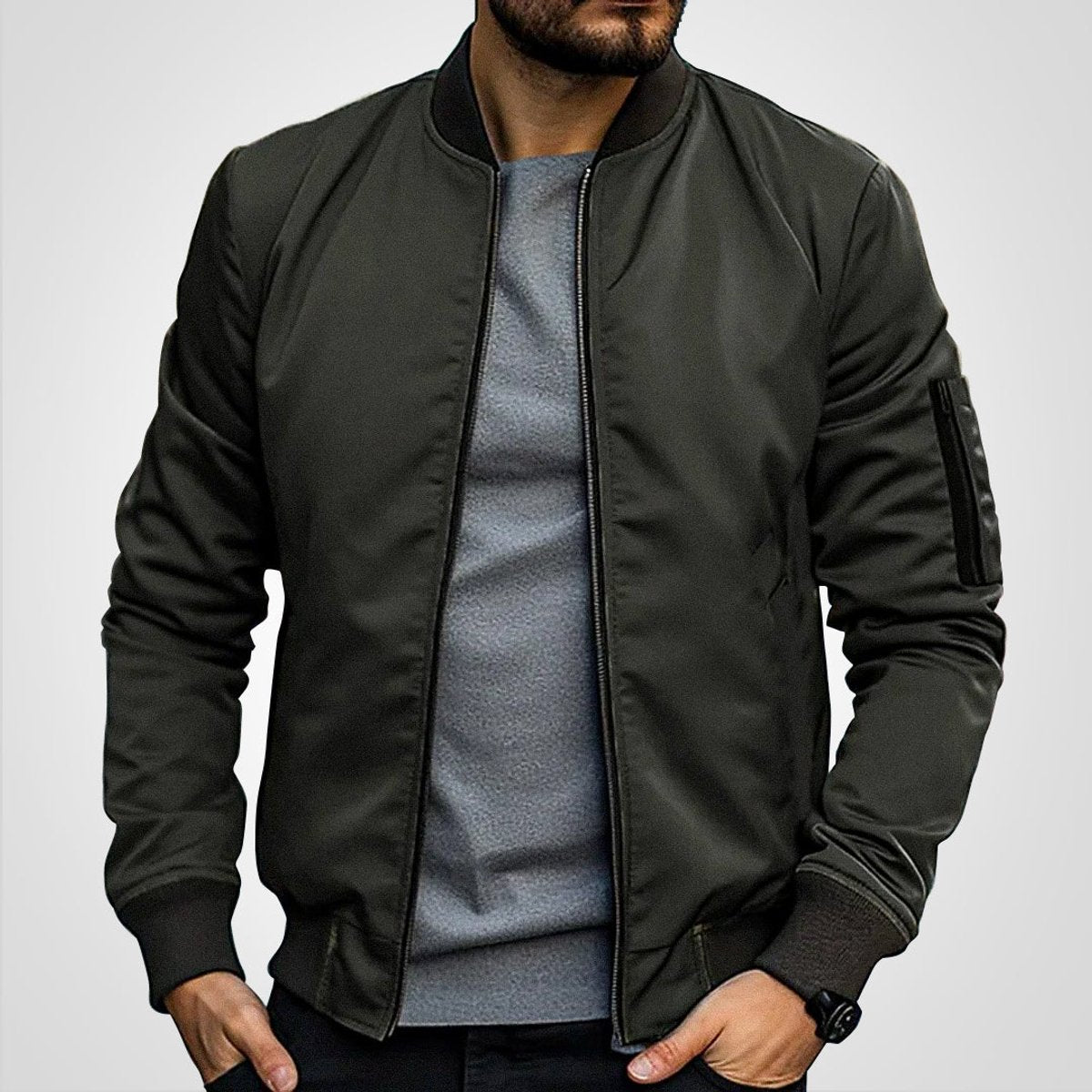 Men's Bomber Jacket with Zip-Up Closure, Ribbed Cuffs and Stand Collar