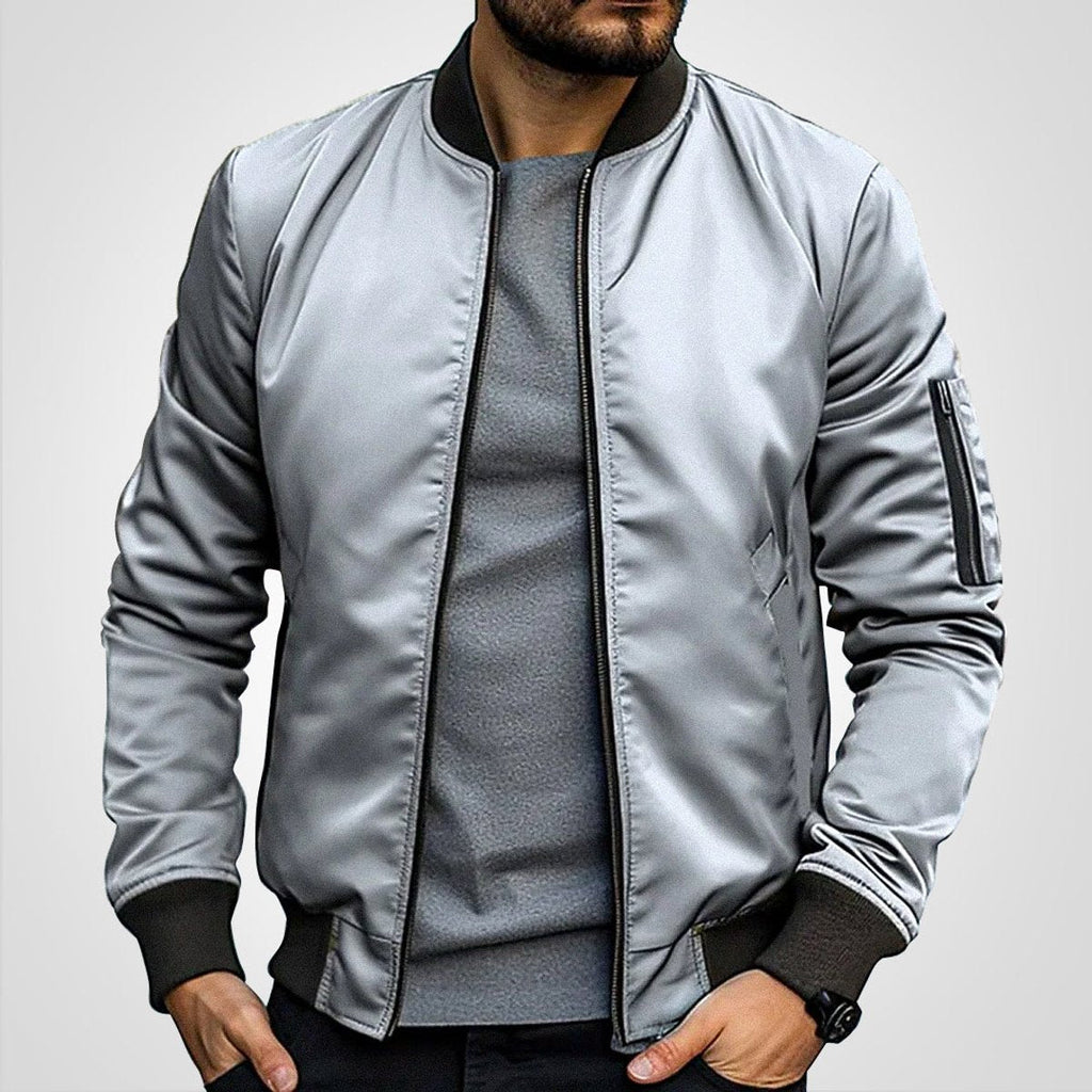 Men's Bomber Jacket with Zip-Up Closure, Ribbed Cuffs and Stand Collar