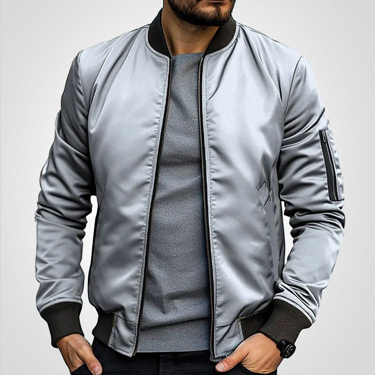 Men's Bomber Jacket with Zip-Up Closure, Ribbed Cuffs and Stand Collar