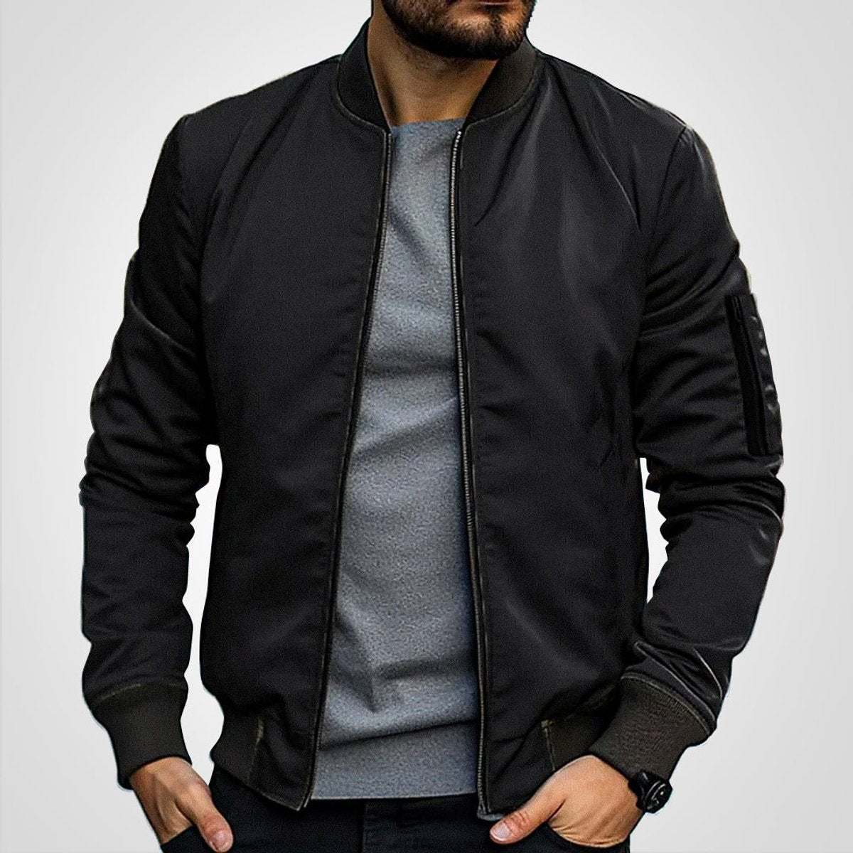 Men's Bomber Jacket with Zip-Up Closure, Ribbed Cuffs and Stand Collar