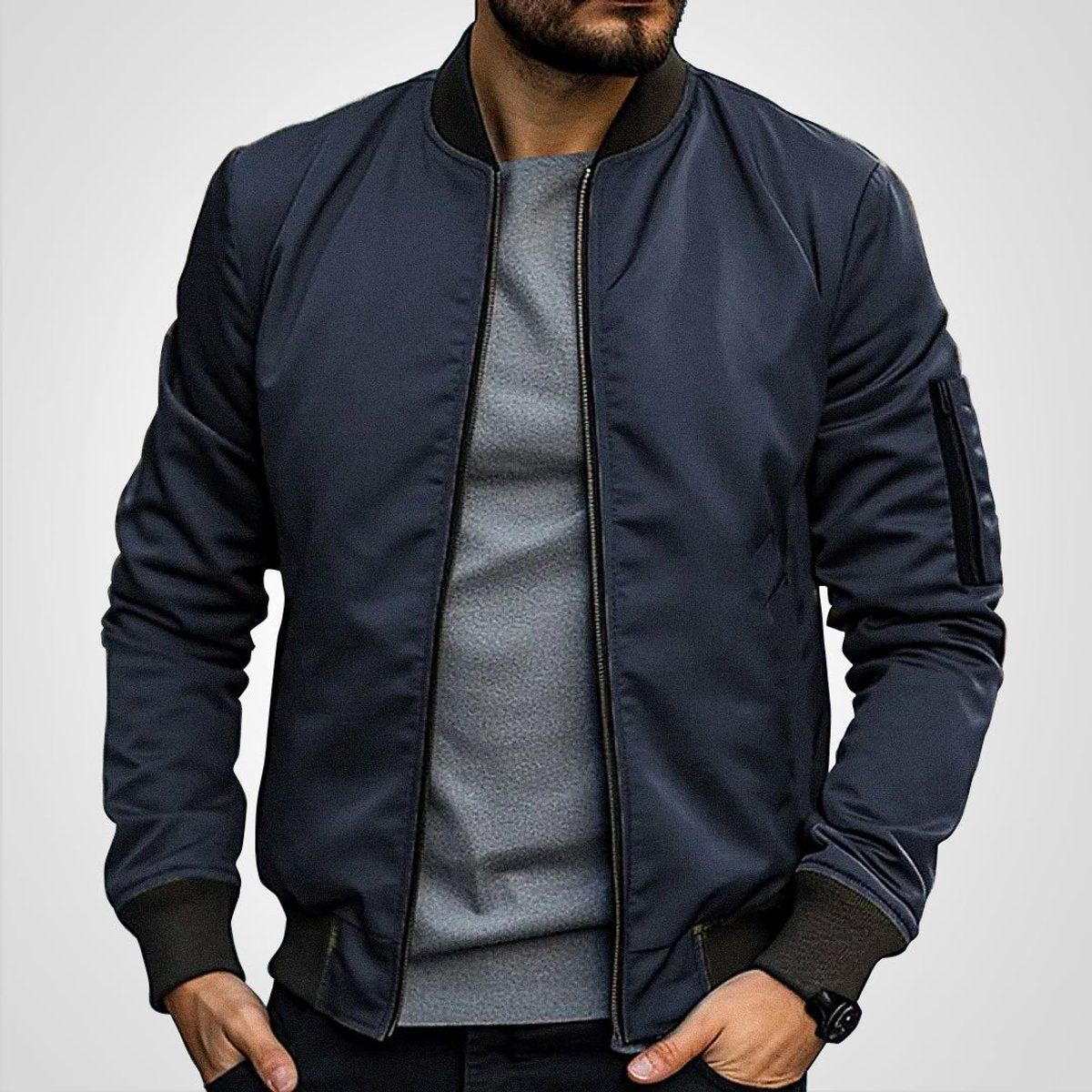 Men's Bomber Jacket with Zip-Up Closure, Ribbed Cuffs and Stand Collar
