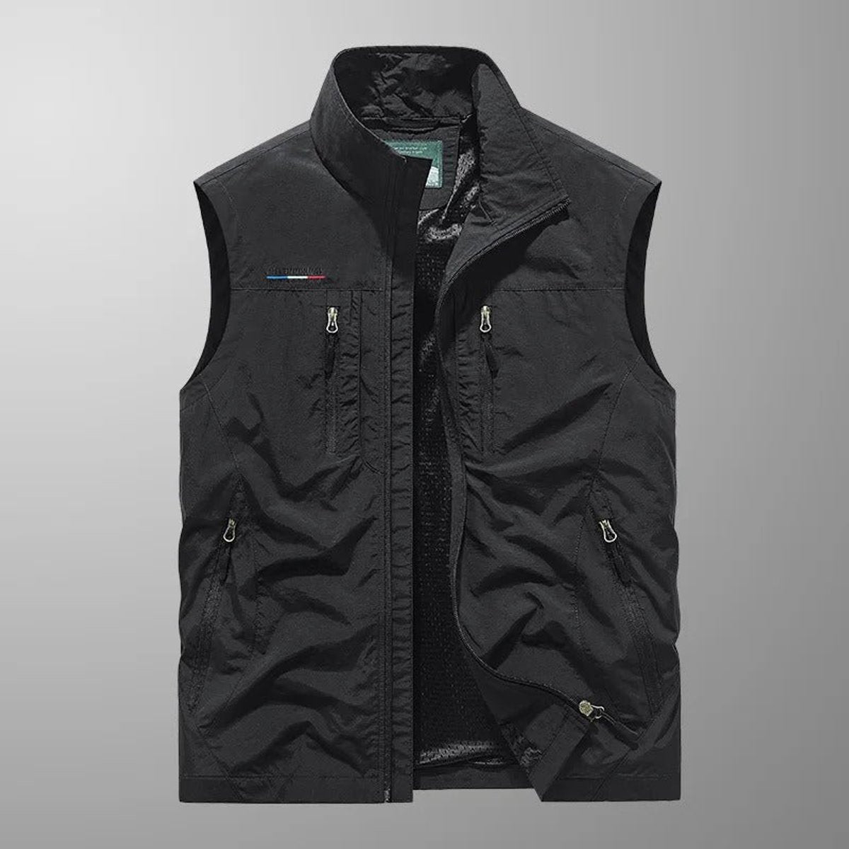 Men's Cargo Vest with Stand Collar and Multiple Zip Pockets