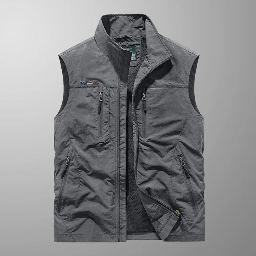 Men's Cargo Vest with Stand Collar and Multiple Zip Pockets