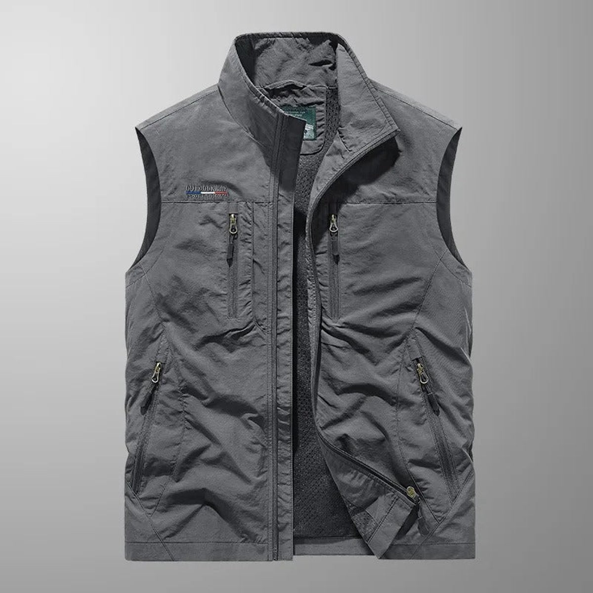 Men's Cargo Vest with Stand Collar and Multiple Zip Pockets