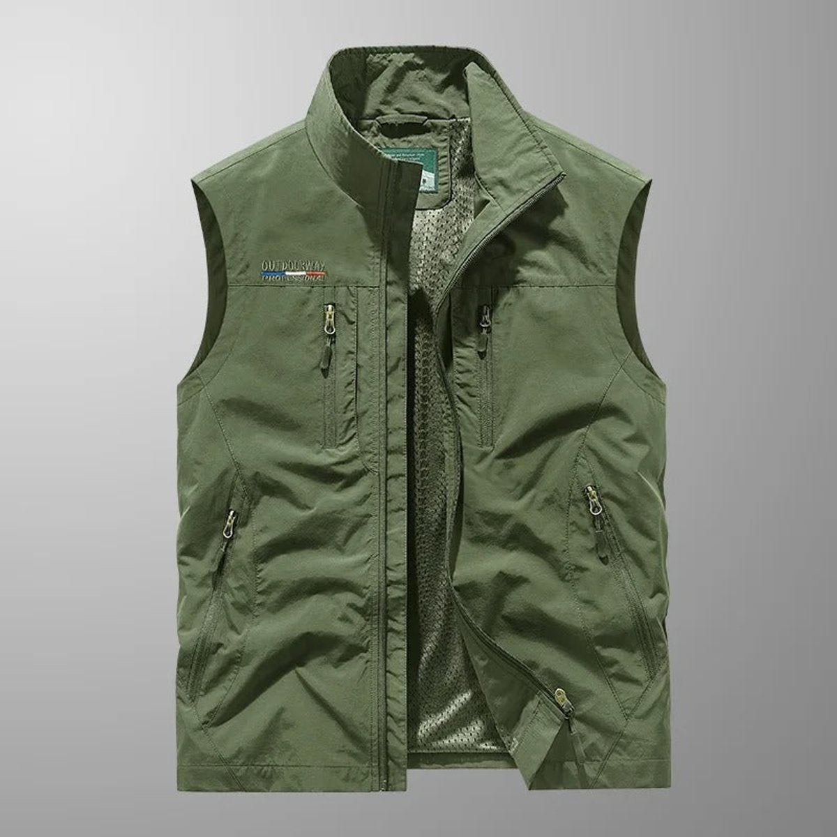 Men's Cargo Vest with Stand Collar and Multiple Zip Pockets
