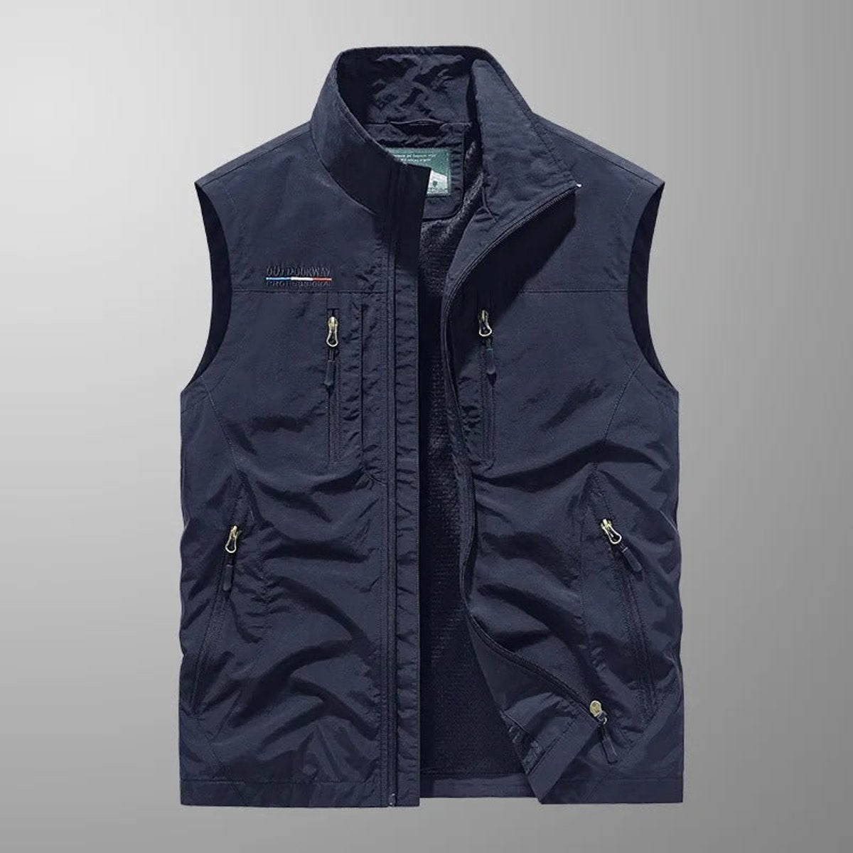 Men's Cargo Vest with Stand Collar and Multiple Zip Pockets