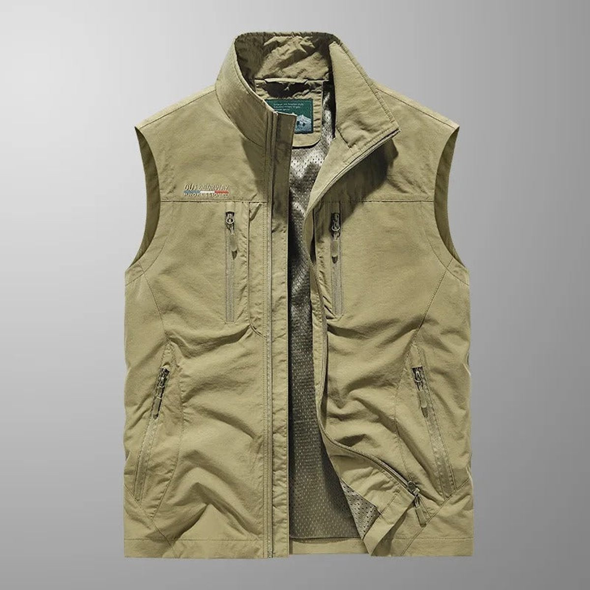 Men's Cargo Vest with Stand Collar and Multiple Zip Pockets