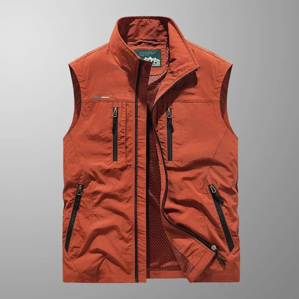 Men's Cargo Vest with Stand Collar and Multiple Zip Pockets