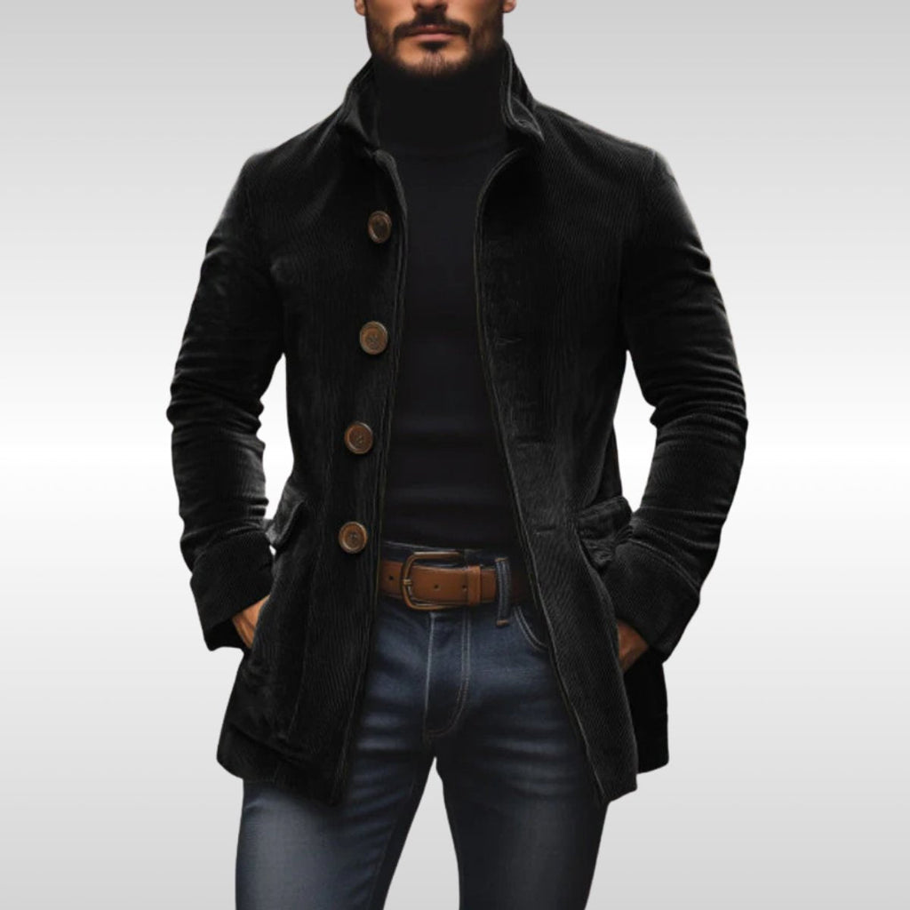 Men's Coat with Stand Collar and Button-Front Closure and Side Pockets