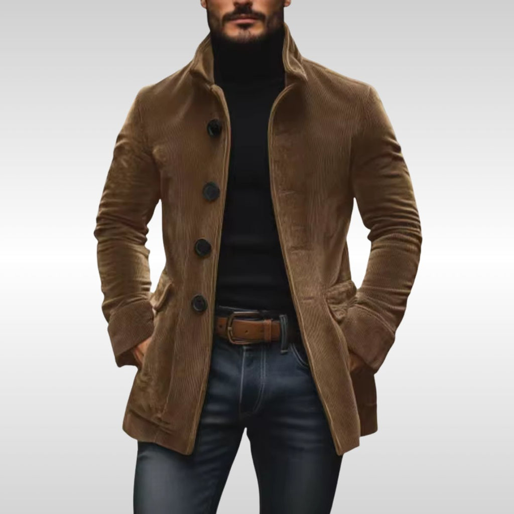 Men's Coat with Stand Collar and Button-Front Closure and Side Pockets