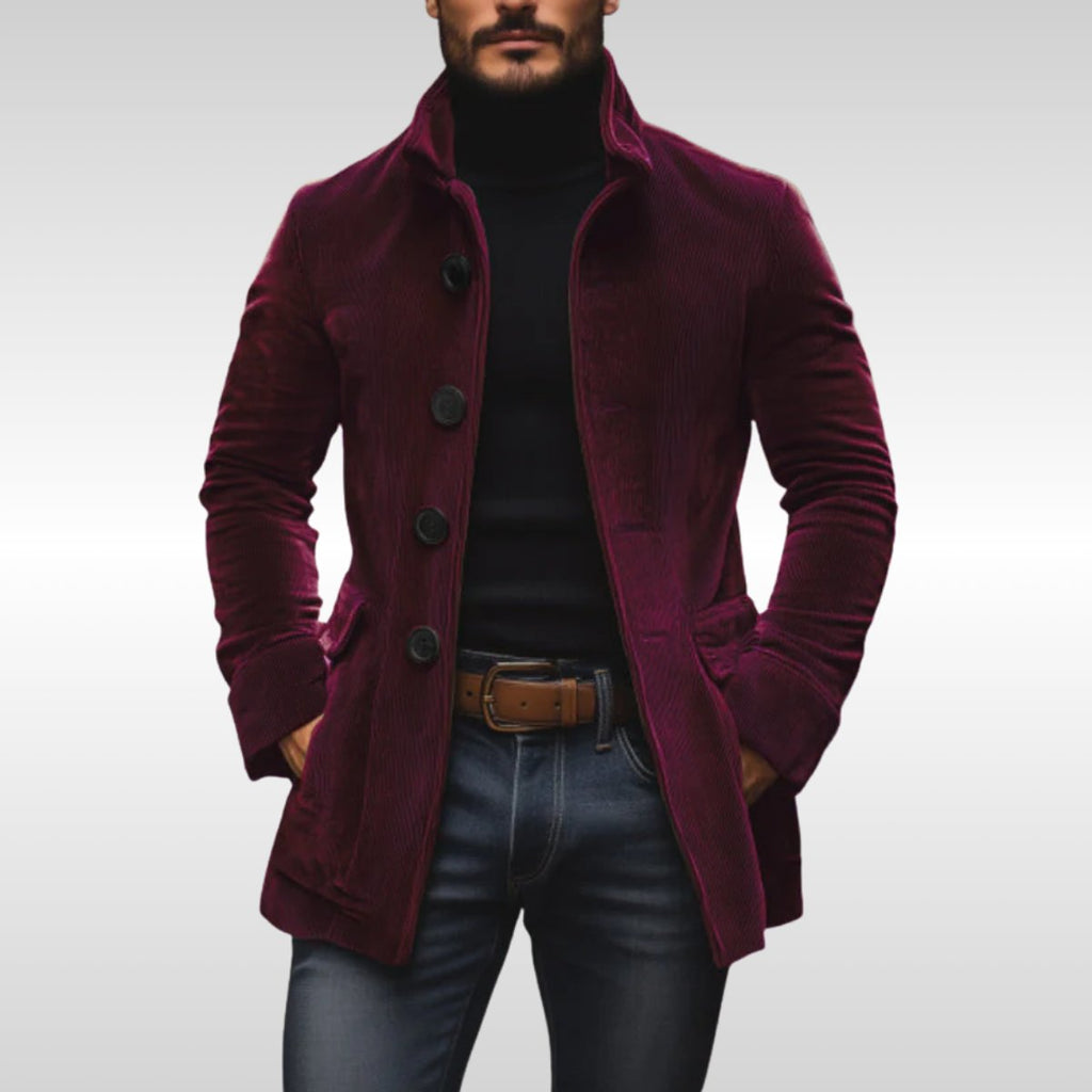 Men's Coat with Stand Collar and Button-Front Closure and Side Pockets