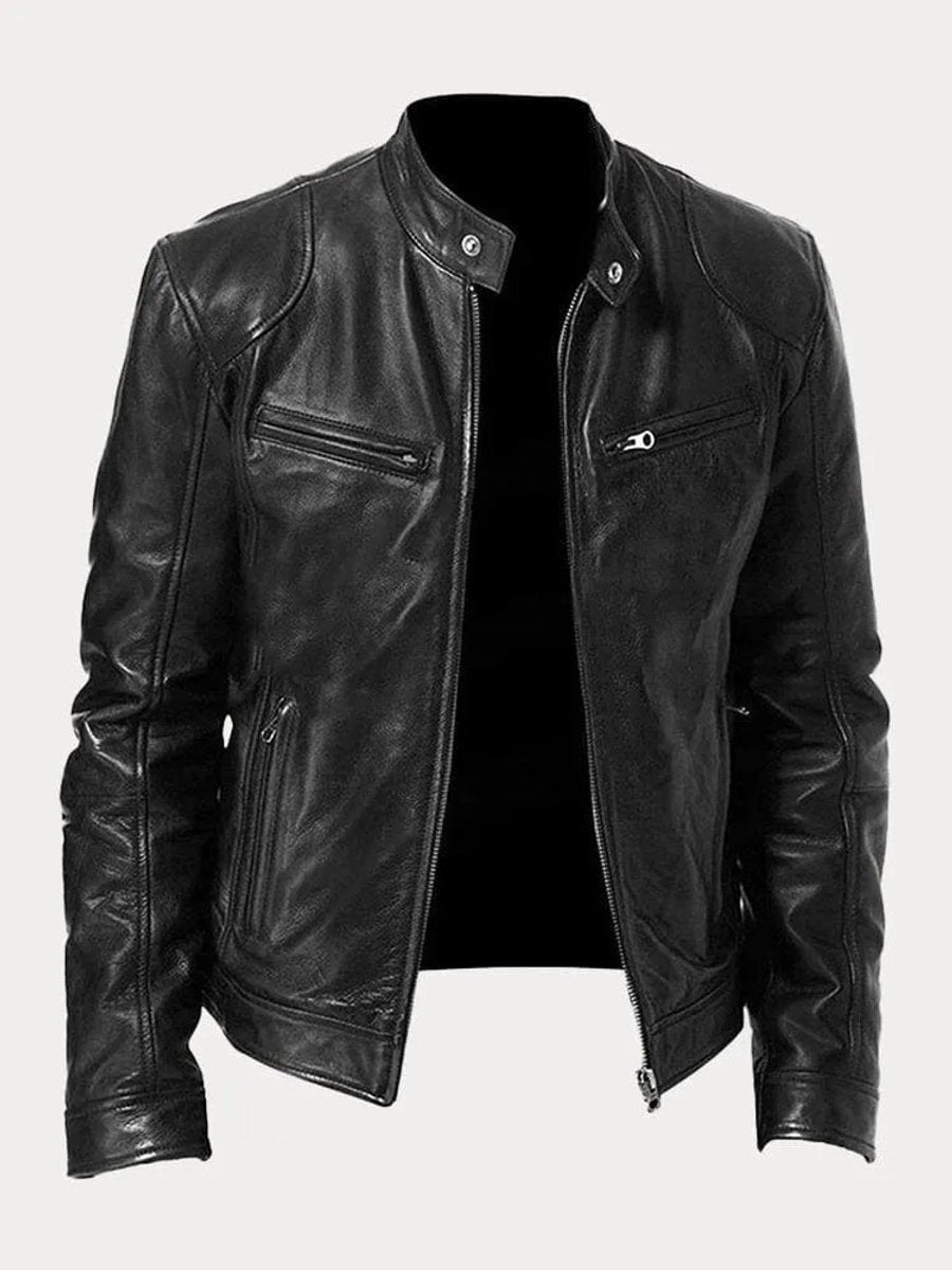 Men's Moto Jacket with Stand Collar and Multiple Zip Pockets