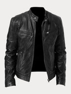 Men's Moto Jacket with Stand Collar and Multiple Zip Pockets